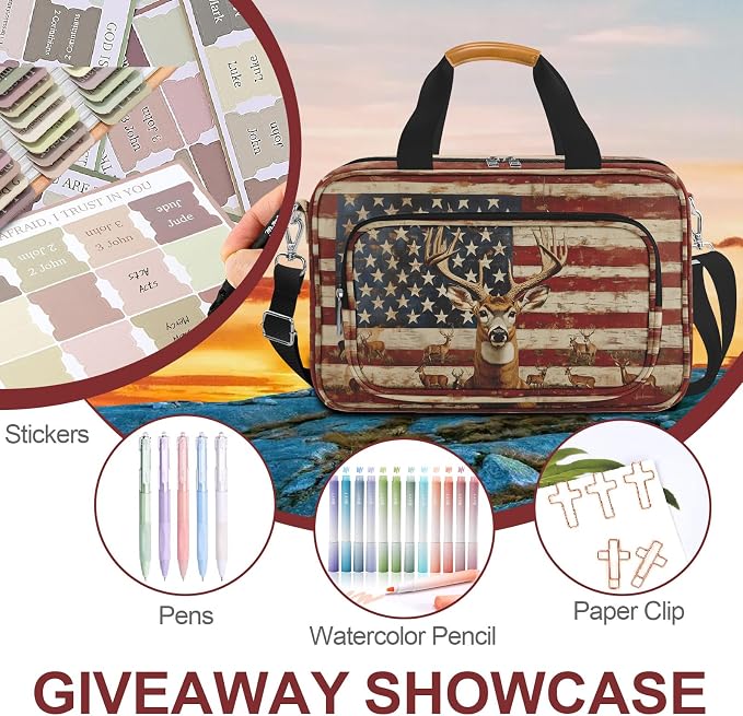 Vintage American Flag Deer Large Bible Bags for Women Men Organizer with Bible Cover Case, Bible Cover with Shoulder Strap & Pens & Highlighters & Cross Clip Study Kit for Bible Church,Christian Gifts