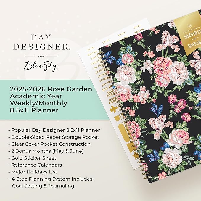 Blue Sky Day Designer 2025-2026 Weekly and Monthly Academic Year Planner Calendar, July 2025 - June 2026, 8.5" x 11", Flexible Cover, Wirebound, Rose Garden