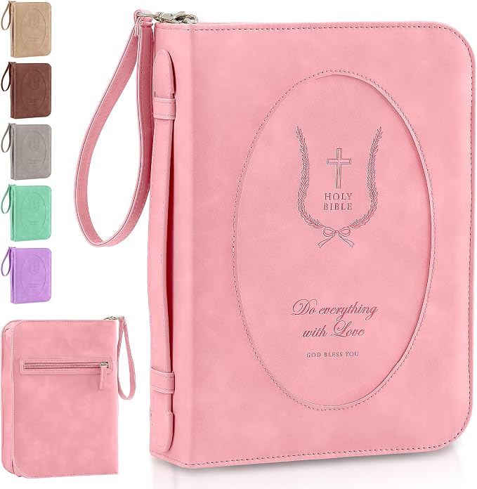 Leather Bible Cover for Women – Large Zippered Case with Handle and Pockets, Floral Book Protector for Study or Church, Christian Gift for Girls and Women, Large Size Bibles (Pink)