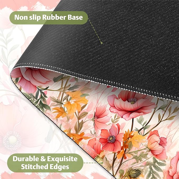 XXL Desk Pad Mouse Pad, Large Gaming Mouse Mat with Stitched Edges, Non-Slip Waterproof Rubber Base Mous Mat for Office Computer Keyboard Laptop Home Decor Women (35.4X17.5 in), Coral Flowers