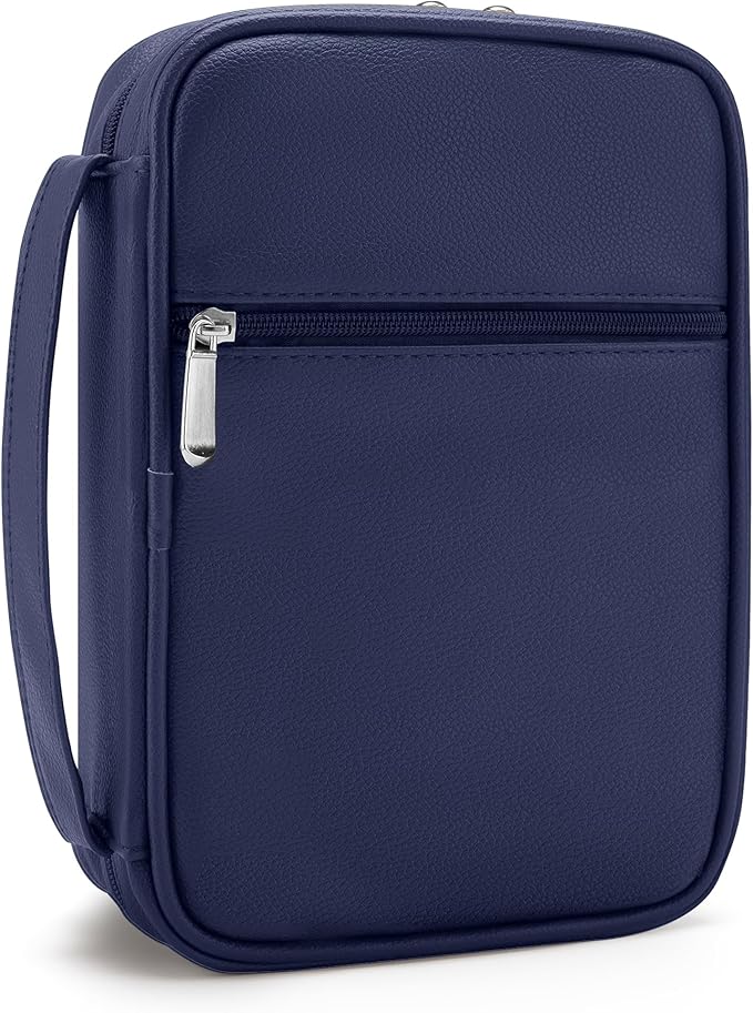 Small Bible Cover Case for Women and Men, 9x6 PU Leather Bible Sleeve, Compact Travel Bible Carrier Bag with Front Pen Holders, Zipper Closure, Inner Pockets - Navy Blue