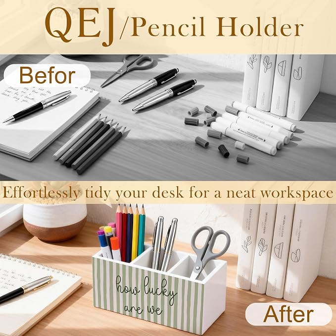 How Lucky Are We Motivational Pen Holder for Desk, Sage Green Striped Positive Affirmations Wooden Box Pencil Pen Organizer for Home Office Classroom Desk Tabletop