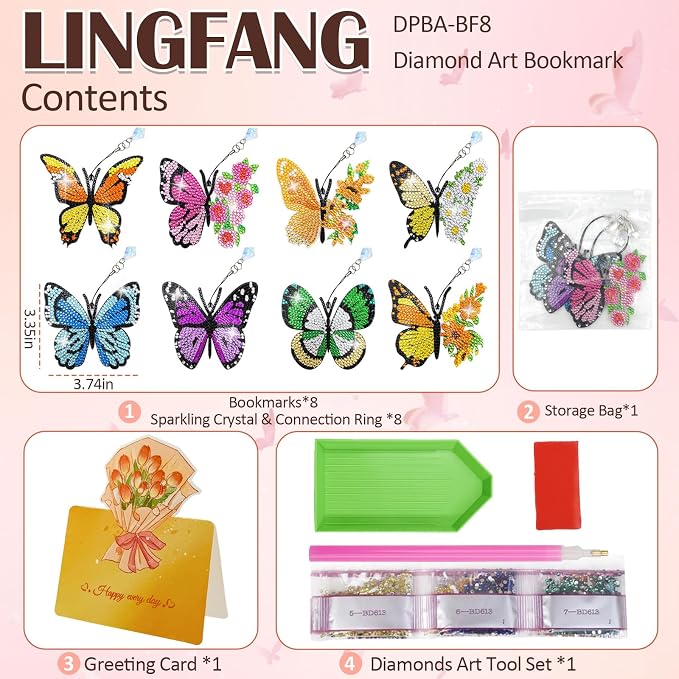 LINGFANG 8 Pcs Diamond Painting Bookmark, Diamond Art Kit for Adults, DIY Book Makers for Book Lovers, Diamond Dot Beginner, Small Diamond Art Kit, Paint by Art Crafts Gift for Women Girls (Butterfly)