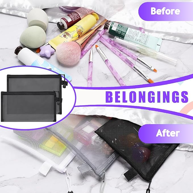15-Piece Nylon Mesh Zipper Pouch Set - Black Makeup Bags, Cosmetic Pouches, Travel Bags (9.5 x 7.5 Inch)