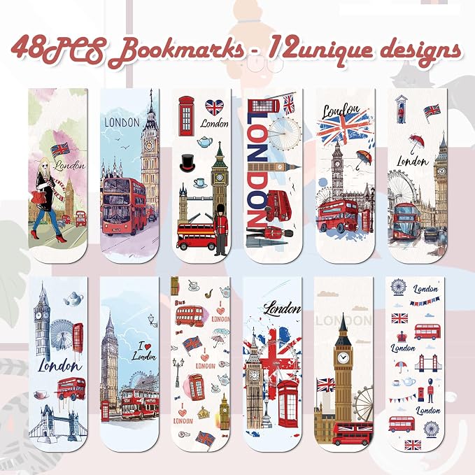 Wxiben London Magnetic Bookmark Gifts - 48PCS British Magnetic Bookmarks UK England Travel Book Marks Magnets Page Marker Clip for Women Travel Students Teacher Reading London Lover Souvenirs Gift