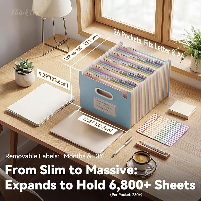 ThinkTex 26-Pocket Accordion File Organizer, Upright Open Top, Monthly Tabs, High Capacity Wheat Straw Expanding File Folder, Fits Letter A4 & Manila Folders for School Home Office- Sky Blue