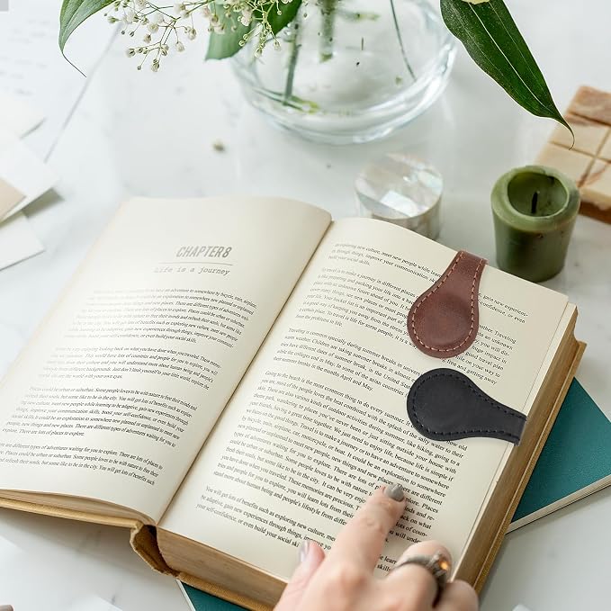 Dimeho 2 Pcs Leather Magnet Bookmark Vintage Book Page Holder Handmade Retro Page Marker Clip Cute Reading Accessories for Women Bookworm Book Lovers Reader Gift