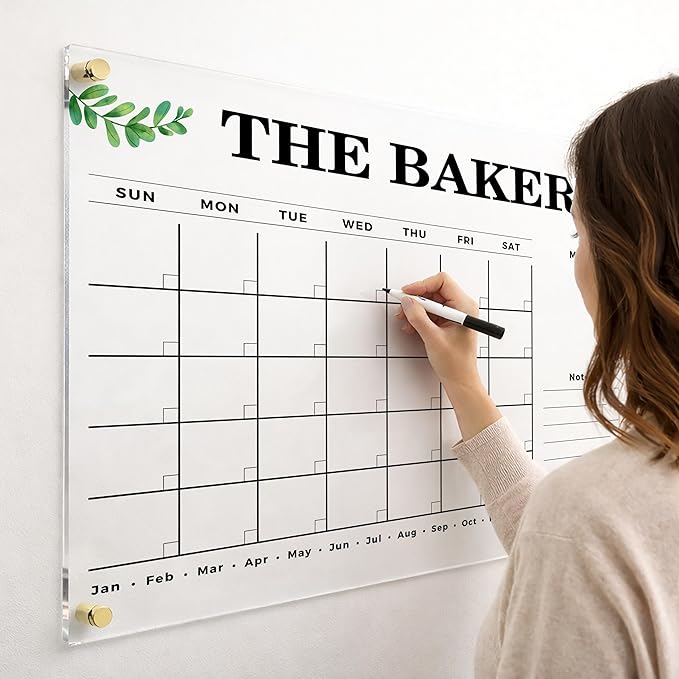 Custom Floral Acrylic Wall Calendar 2026 - Personalized Family Planner, Wall Organizer, Dry Erase Monthly Wall Planner Board with Marker