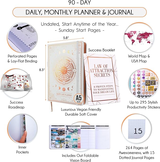 Freedom Mastery - Adhd Daily Planner, Self Care Personal Gratitude Journal to Increase Productivity & Success in Life, Include Foldable Vision Board - White Sun
