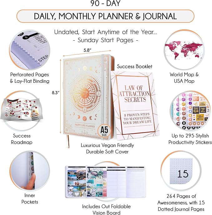 Freedom Mastery - Adhd Daily Planner, Self Care Personal Gratitude Journal to Increase Productivity & Success in Life, Include Foldable Vision Board - White Sun
