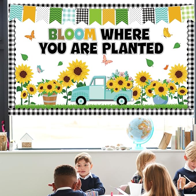 Spring Sunflower Bulletin Board Decoration Set Sunflowers Truck Cutouts Spring Motivational Sayings Butterfly Bulletin Board with Black Plaid Borders for Classroom Wall Door Decor