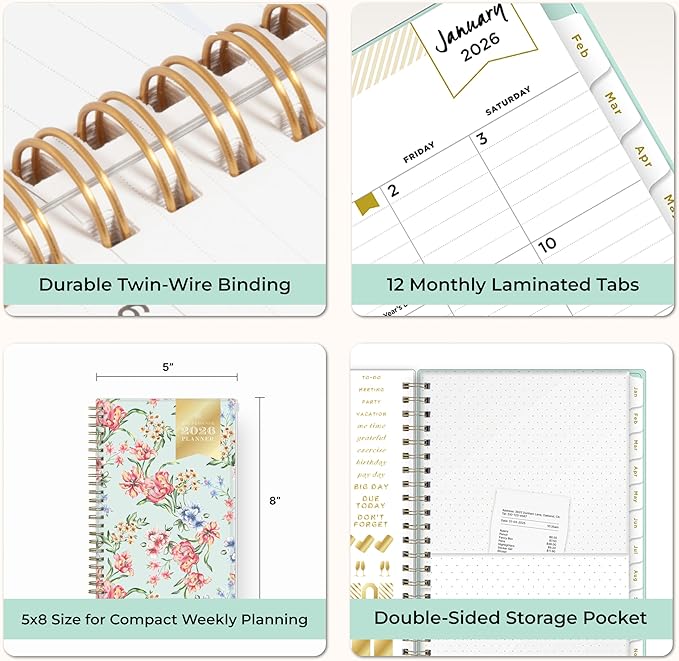 Blue Sky Day Designer 2026 Weekly and Monthly Planner Calendar, January 2026 - December 2026, 5" x 8", Flexible Cover With Zip Pouch, Durable Twin Wire Binding, Storage Pocket, Includes Stickers, Tulip Garden Mint