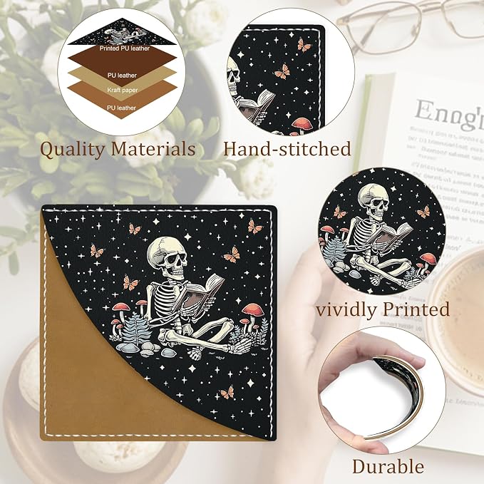 Icycay Skeleton Book Corner Bookmarks, Funny Leather Book Accessories for Book Lovers, 3 Pcs Reading Book Page Markers for Women Men Student Teacher Retirement Birthday Gifts