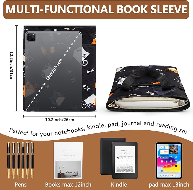 Likesing Book Sleeve for Book Lovers, 12.6" x10.6" Book Cover for Hardcover Paperbacks Bible Textbook Comic Kind1e Journal, Book Pouch with Zipper Gifts for Readers Book Lovers Women(Black Cat)
