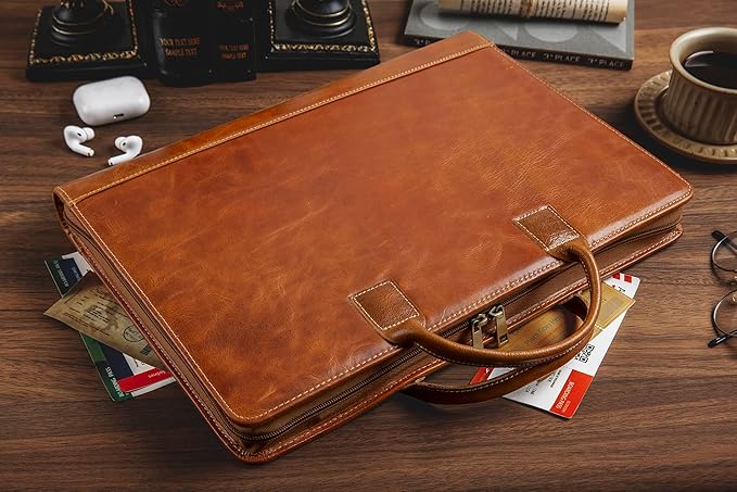 Oil Wax Leather Portfolio, Padfolio Organizer with Handle, Personalized Padfolio，Padfolio With Zipper for Men Women，Suitable for 15-inch Laptop Legal Pad Padfolio, Brown