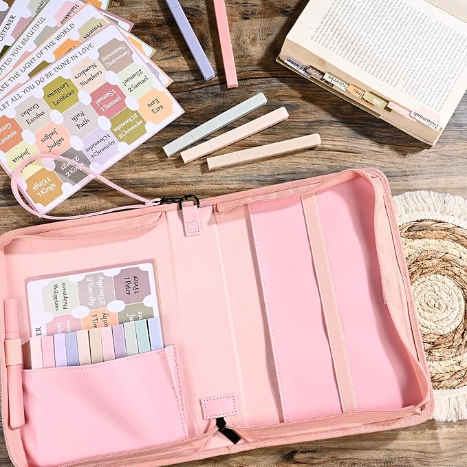 Bible Cover Case for Women Pink Leather Floral Bible Storage Bag with Highlighters Tabs for Girls Bible Study Supplies Accessories Christian Gifts
