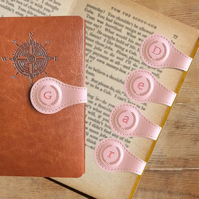 Leather Magnetic Bookmarks, 3D Embossed Alphabet Initial Letter Bookmark, Cute Page Markers for Books, Journals, Planners, Bible, Small Reading Gifts for Women Men, Teachers, Students (Pink G)