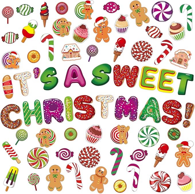 Marspark 68 Pcs Candy Land Cutouts Christmas Bulletin Border Decoration Peppermint Lollipop Round Gingerbread Man Wall Cutouts It's a Sweet Christmas Decor for Classroom Holiday