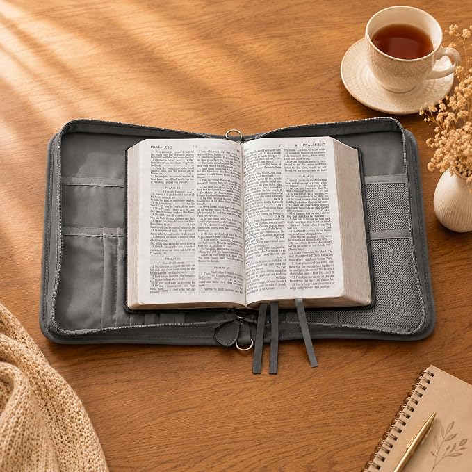 Bible Cover for Men and Women, PU Leather Large Bible Bag with Handle & Shoulder Strap, Bible Carrying Case with Cross Design and Pockets for Church, Bible Study & Christian Gifts, Black