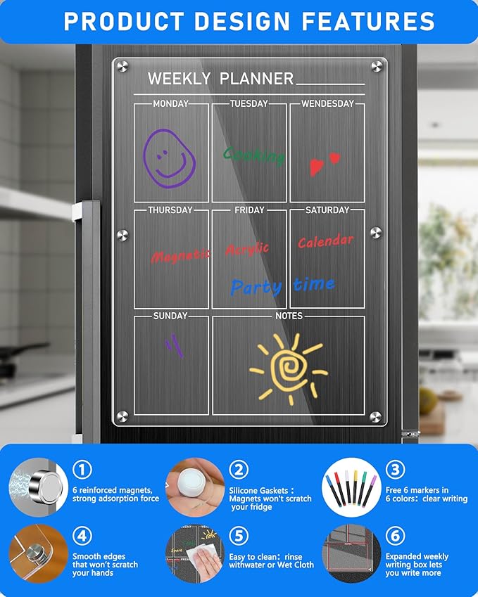Clear Magnetic Acrylic Calendar for Fridge, bamandan Reusable Magnetic Fridge Calendar Dry Erase Board, 12x16 Inches Weekly Menu Board for Kitchen Fridge Includes 6 Colors Markers
