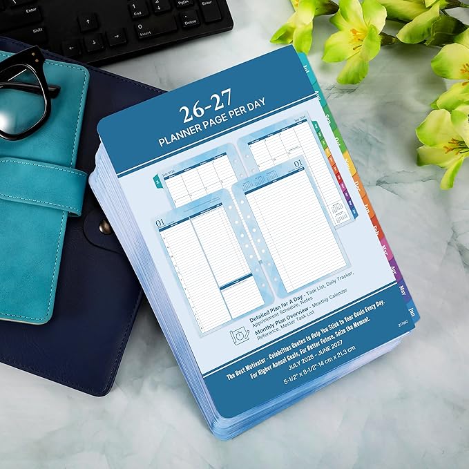 2026-2027 Planner Refills – Jul 2026 - Jun 2027, Two Pages Per Day Daily ＆ Monthly Planner 2026-2027, 5.5" x 8.4" Ring-Bound Organizer, Tabs, Quotes, Prioritized Task, Daily Tracker/Notes, Appointment Schedule