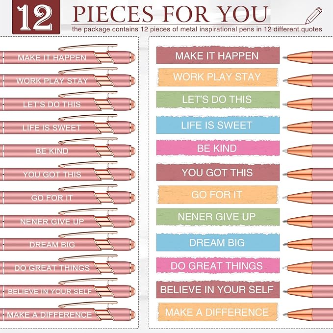 Zonon 12 Pcs Inspirational Pens Gift Set Funny Ballpoint Pen with Stylus Tip Motivational Graduation Gifts Bulk for Teacher Coworkers Nurse School Office Supplies(Rose Gold,Motivational Style)