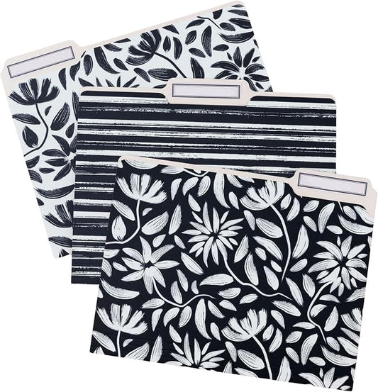 Steel Mill & Co Cute File Folders, Set of 9, Document Organizer for Filing Cabinet, Decorative Letter Size Files, Hand Drawn Black Floral
