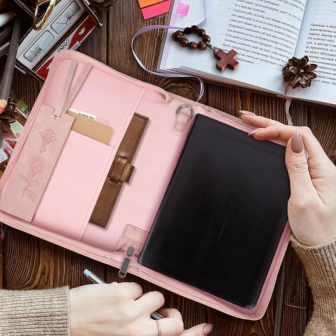 CITYCHASE Elegant Rose Design Bible Cover Case with Bible Study Supplies Highlighters Pens Bookmark Leather Bible Cover Case for Women Gift for Christians(Pink Pro)