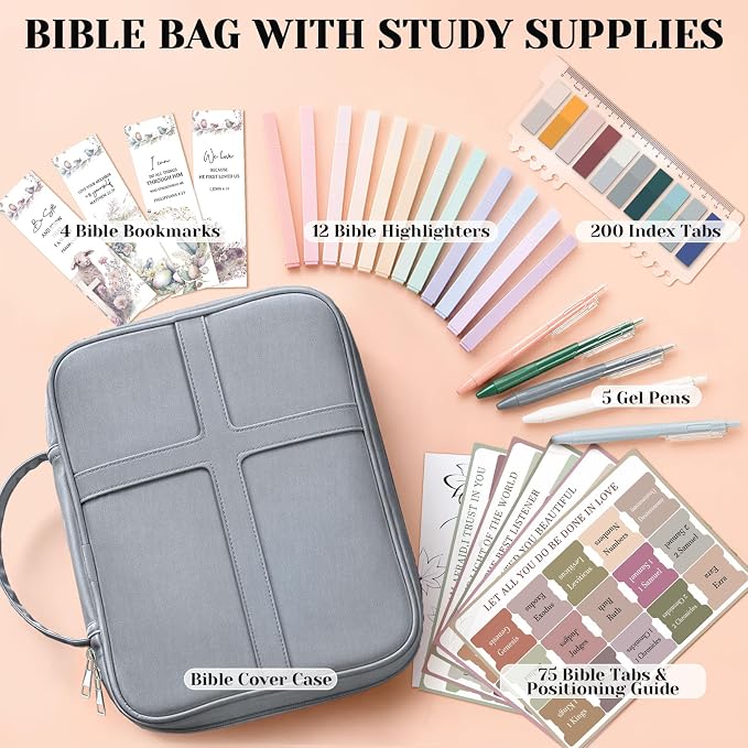 XKDOUS Large Bible Cover, Bible Bag with Handle, Durable Cross Design Bible Case with Bible Accessories, Bible Cover Case for Women and Men, Christian Gift (Gray)