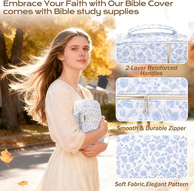 XKDOUS Bible Cover for Women Journaling Kit Quilted Bible Tote Bags Organizer with Pens, Tabs, Study Supplies Accessories Large Church Book Holder Christian Gifts for Lady, Friends