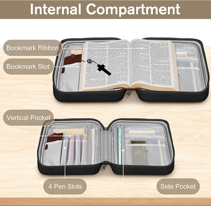 FINPAC Bible Cover Small Size Church Study Book Carrying Bag, Bible Protective Case with Handle Zippered Pocket for Men Women