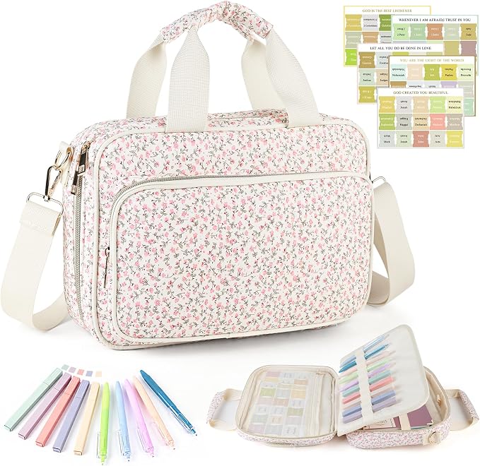 Bible Cover Case for Women, Large Quilted Bible Bag with Bible Study Supplies 5*Sticker & 5*Highlighter & 5*Pen, Stylish Church Bag Journaling Kit, Mothers Day Christian Gifts (Pink Floral)
