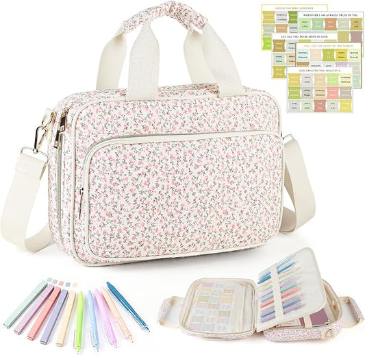 Bible Cover Case for Women, Large Quilted Bible Bag with Bible Study Supplies 5*Sticker & 5*Highlighter & 5*Pen, Stylish Church Bag Journaling Kit, Mothers Day Christian Gifts (Pink Floral)