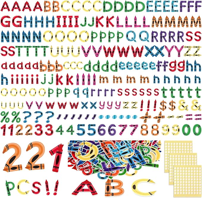 221 Pcs Crayon Bulletin Board Letters, Round Alphabet Number Punctuation Symbol Combo Letter Cutouts, Colorful Classroom Decoration for Summer School Chalkboard Whiteboard Poster Wall
