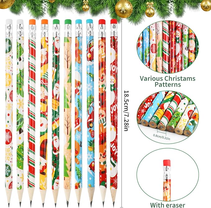 DIYASY Christmas Pencils for Kids Bulk, 50 Pcs Holiday Pencil with Erasers Xmas Wood Pencils Party Favor Supplies Classroom Rewards Prizes Stationery Decorations 10 Styles