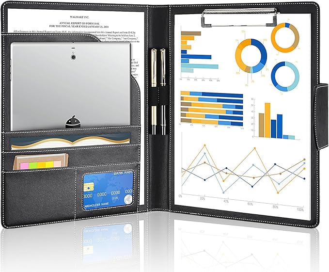 Clipboard Folder Portfolio,DIN A4 PU Leather Padfolio Clip Board,Magnetic Closure Business Clipboard with Cover Professional with 2 Pen,A4 Paper for Interview Resume Office Conference,Black