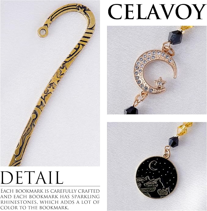 Fantasy Acotar Metal Bookmark - Retro Vintage Hook Book Marks Page Mark with Beaded Black Gold Moon Charm for Women Men Students Teachers Reading Lovers Birthday Gifts School Accessories
