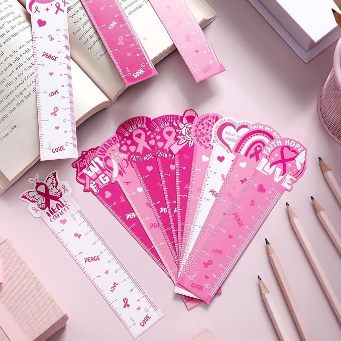 Kosiz 120 Pcs Breast Cancer Awareness Bookmarks Ruler Bulk Gifts Pink Ribbon Bookmarks Ruler Hope Butterfly Heart Inspirational Gifts Book Markers for Women Lovers Breast Cancer Supplies
