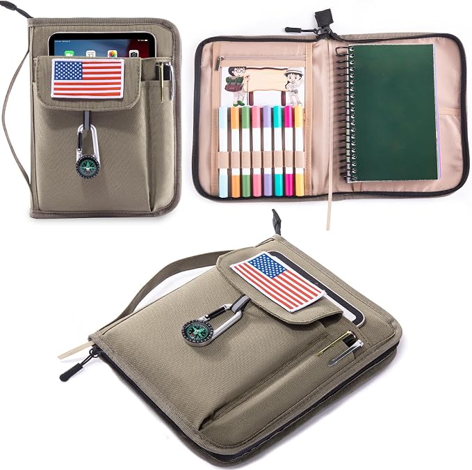 Handbook Book Cover Compatible with BoyScoouts Handbook with Amercan Flag Patch and Compass - Book Sleeve - Handbook Protector for Boys Girls
