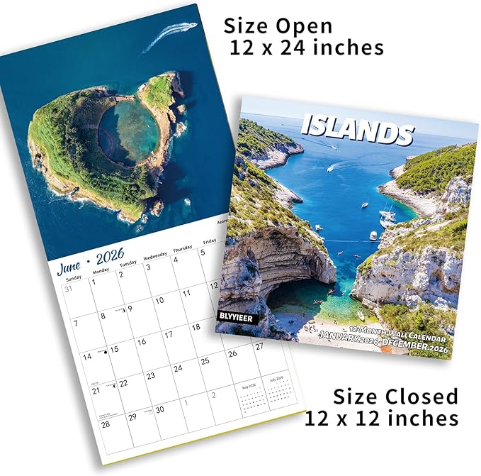 2026 Wall Calendar,Islands Monthly Wall Calendar, 12" x 24" Open,Family Planner Calendar,Home & Office Organizer,Hangable