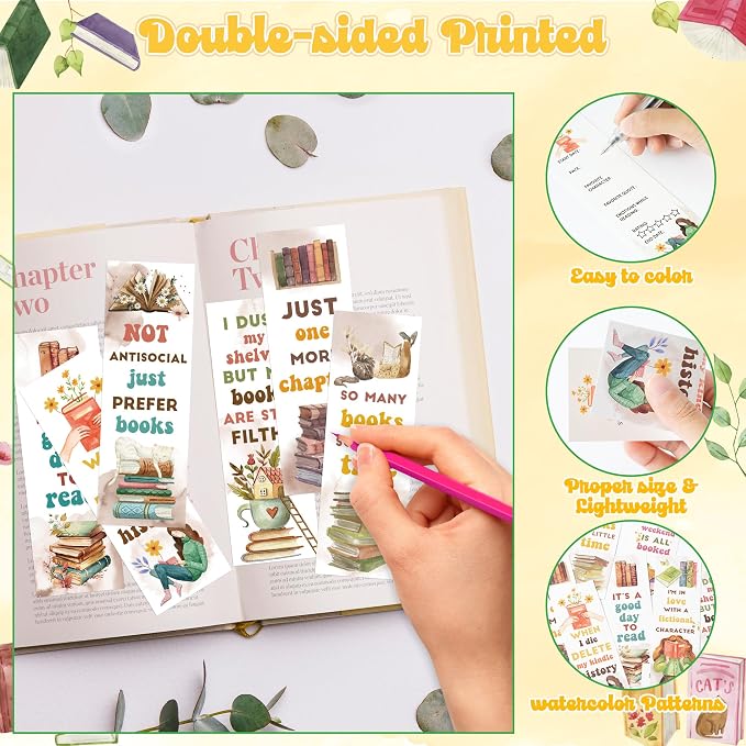 Haooryx Book Lovers Book marks - 120 Pcs Watercolor Paper Bookmark Humor Double-Sided Reading Page Marker Tracker Book Reading Club Party Teacher Supply School Prize Student Reward Kids Birthday Gifts