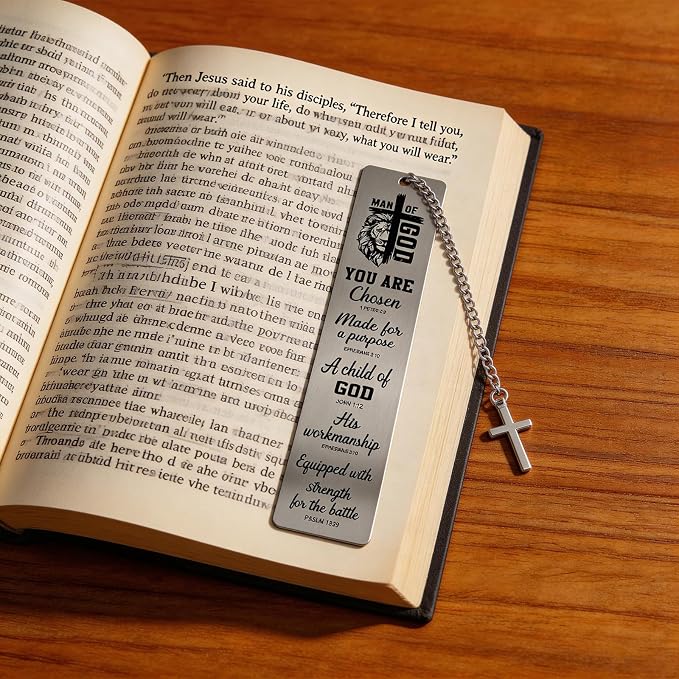 Bible Verse Metal Bookmark - Christian Man of God Lion Book Mark with Cross Pendant Religious Scripture Inspirational Page Marker Gift for Reading Men Birthday Church Baptism Accessories