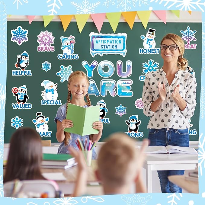 FYSUIMU 34Pcs Winter Bulletin Board Set Motivational Inspirational Christmas Paper Cutouts with 50Pcs Glue Points for Holiday Party Classroom Wall Decor