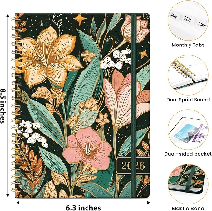 2026 Planner, Weekly and Monthly Planner for Women, January 2026 - December 2026, Hardcover 2026 Calendar Planner Book with Tabs, Inner Pocket, Spiral Bound, Perfect for Office Home School Supplies - A5 (6.3" x 8.5"), Golden Lilies