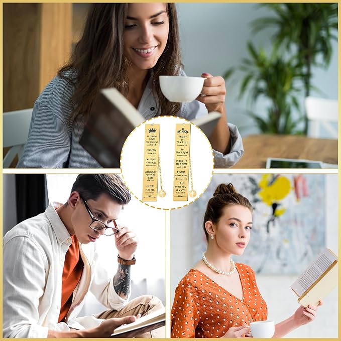 Fainne 5 Pcs Bible Verse Metal Bookmark Christian Gifts for Women Men Baptism Inspirational Religious Bookmarks with Church Cross Chain Scripture for First Communion Book Lovers Christian Gift(Gold)