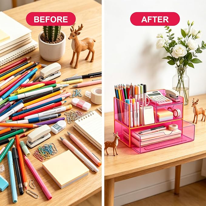 Desk Organizer with Drawers Acrylic Desktop Organizer Pen Holder Caddy for Office Supplies Makeup Organizer for Vanity, Neon Pink
