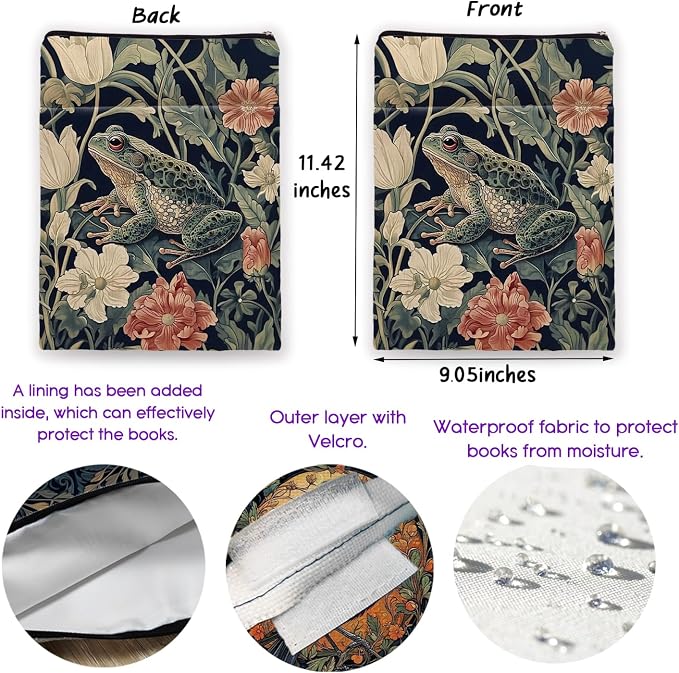 Vintage Flower Frog William Morris Book Sleeve for Book Lovers, Bookish Book Protector with Zipper, Washable Fabric Book Cover for Paperbacks & Hardcovers,11.4 x 9.1Inches (Green-Frog, Medium)