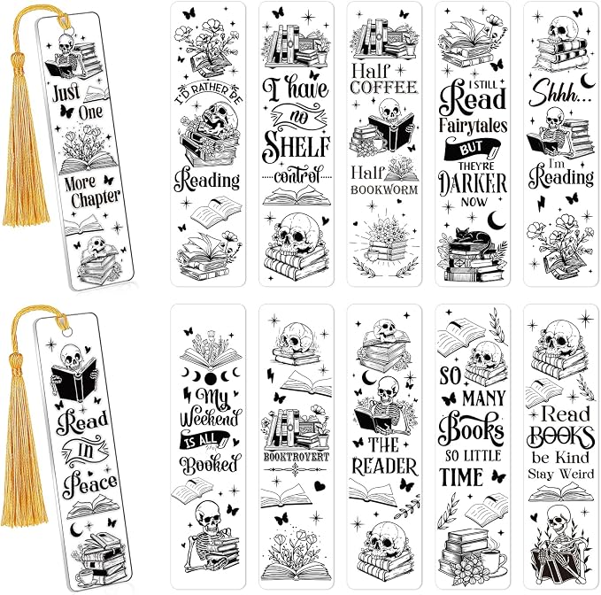 UV DTF Bookmark Wraps - 24 Sheets Skeleton Reading Books UV DTF Stickers for Acrylic Bookmark Blanks, Black Skull Romantic Rub on Transfer Decals for Book Lover DIY Crafts Gift