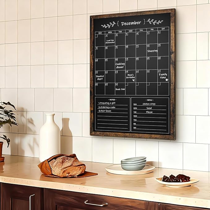 Chalkboard Calendar for Wall,20" x 28" Rustic Framed Magnetic Chalkboard for Home Kitchen Office School
