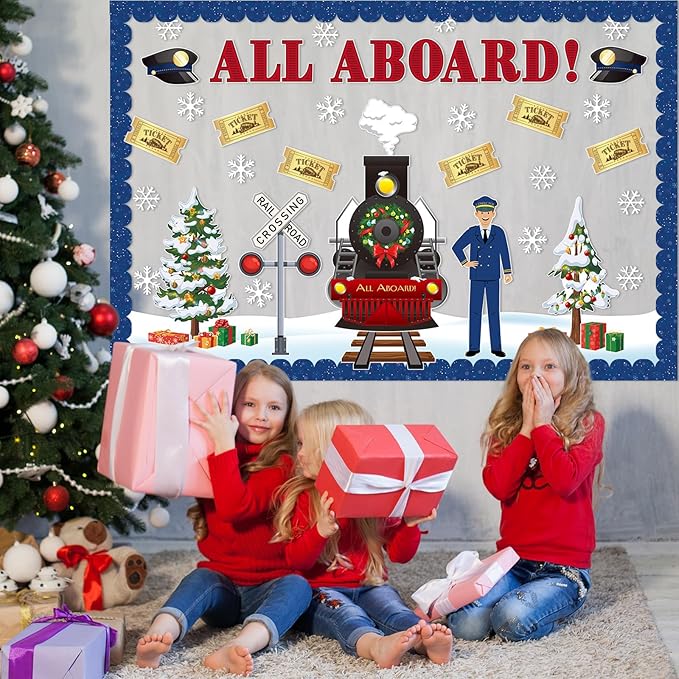 Christmas Bulletin Board Set Christmas Express Train Classroom Decorations Railroad Railway Crossing Tickets Conductor Paper Cutouts for Wall Door Decor for Office Home Xmas Display Supplies